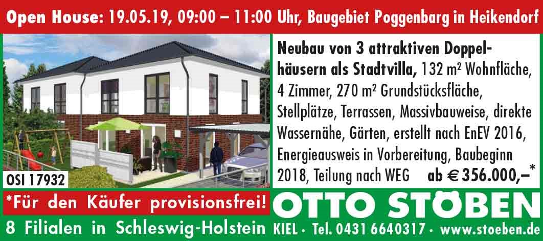 Open House Sonntag 19.05.2019 von 09.00 Uhr bis 11.00 Uhr im Baugebiet Poggenbarg in Heikendorf