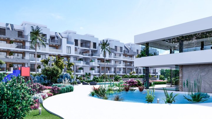 Appartements mit 2 Schlafzimmern, 2 Bädern, Klimaanlage, Einbauküchen mit Elektrogeräten, Tiefgaragenstellplatz, Gemeinschaftspool und Spa