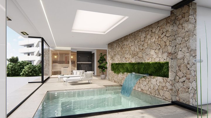 Appartements mit 2 Schlafzimmern, 2 Bädern, Klimaanlage, Einbauküchen mit Elektrogeräten, Tiefgaragenstellplatz, Gemeinschaftspool und Spa