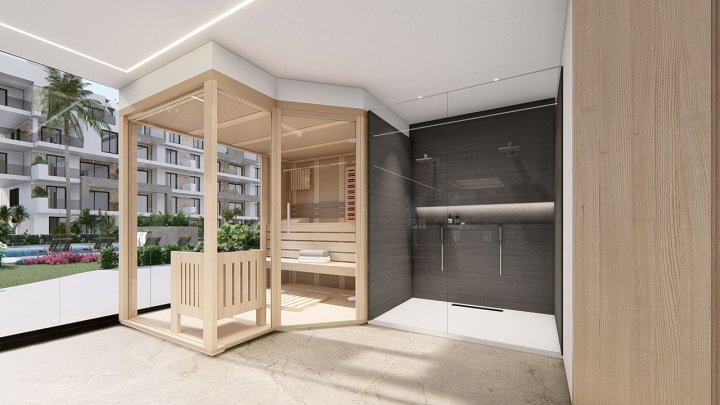 Appartements mit 3 Schlafzimmern, 2 Bädern, Klimaanlage, Einbauküchen mit Elektrogeräten, Tiefgaragenstellplatz, Gemeinschaftspool und Spa