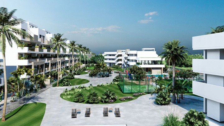 Appartements mit 3 Schlafzimmern, 2 Bädern, Klimaanlage, Einbauküchen mit Elektrogeräten, Tiefgaragenstellplatz, Gemeinschaftspool und Spa