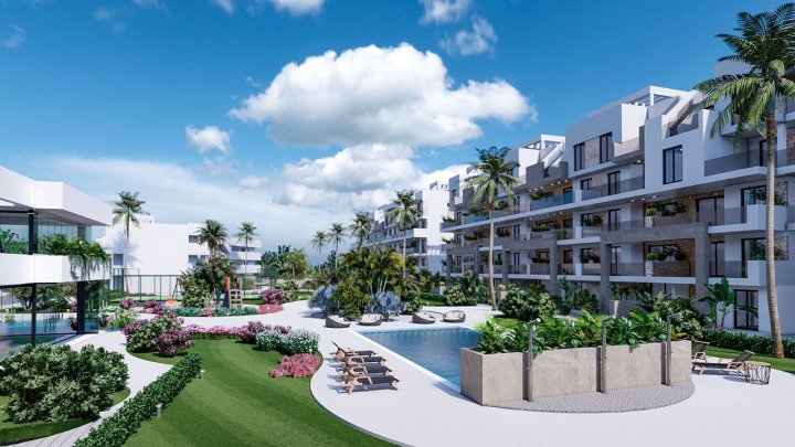 Appartements mit 3 Schlafzimmern, 2 Bädern, Klimaanlage, Einbauküchen mit Elektrogeräten, Tiefgaragenstellplatz, Gemeinschaftspool und Spa