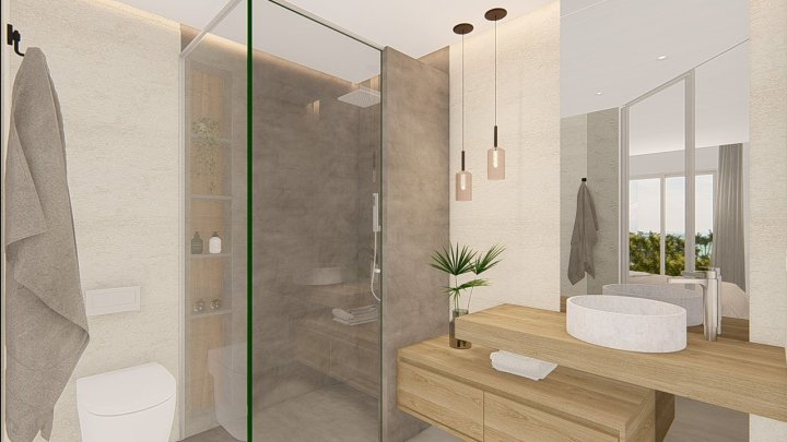 Appartements mit 3 Schlafzimmern, 2 Bädern, Klimaanlage, Einbauküchen mit Elektrogeräten, Tiefgaragenstellplatz, Gemeinschaftspool und Spa