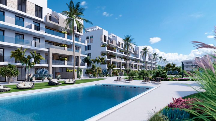 Appartements mit 3 Schlafzimmern, 2 Bädern, Klimaanlage, Einbauküchen mit Elektrogeräten, Tiefgaragenstellplatz, Gemeinschaftspool und Spa