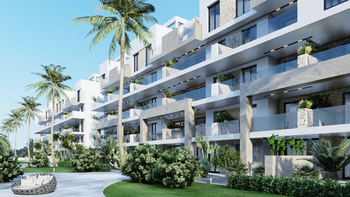 Appartements mit 3 Schlafzimmern, 2 Bädern, Klimaanlage, Einbauküchen mit Elektrogeräten, Tiefgaragenstellplatz, Gemeinschaftspool und Spa