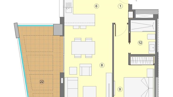 Wohnungen mit 2 Schlafzimmern, 2 Bädern, Klimaanlage, Fußbodenheizung in Bädern, Kfz-Stellplatz und Meerblick nur 1 km vom Strand