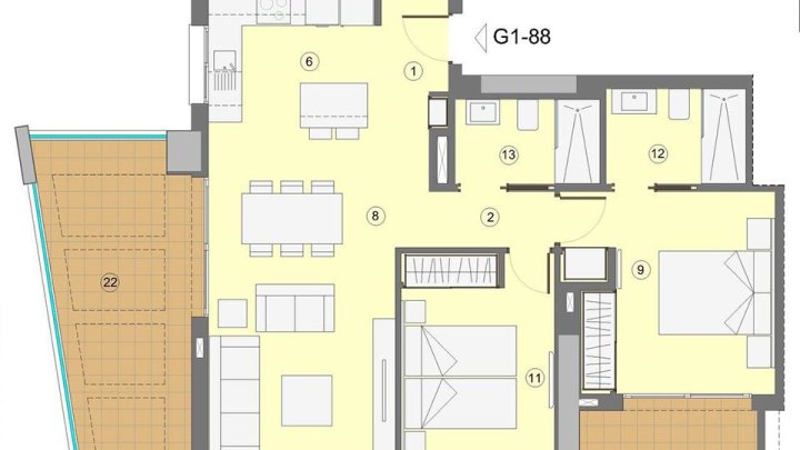 Wohnungen mit 3 Schlafzimmern, 2 Bädern, Klimaanlage, Fußbodenheizung in Bädern, Kfz-Stellplatz und Meerblick nur 1 km vom Strand