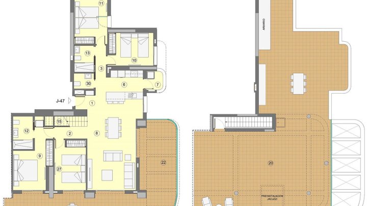 Penthouse-Wohnungen mit 4 Schlafzimmern, 2 Bädern, Gäste-WC, Klimaanlage, Fußbodenheizung, Kfz-Stellplatz und Meerblick nur 1 km vom Strand