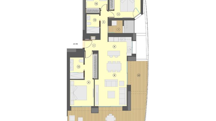 Wohnungen mit 3 Schlafzimmern, 2 Bädern, Klimaanlage, Fußbodenheizung in Bädern, Kfz-Stellplatz und Meerblick nur 100 m vom Strand