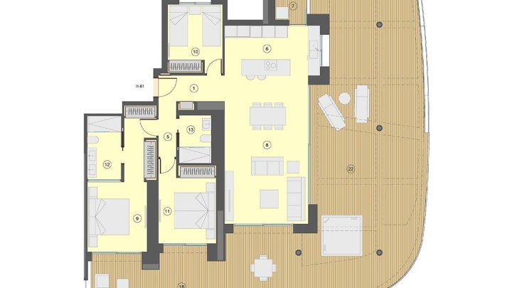 Wohnungen mit 3 Schlafzimmern, 2 Bädern, Klimaanlage, Fußbodenheizung in Bädern, Kfz-Stellplatz und Meerblick nur 100 m vom Strand