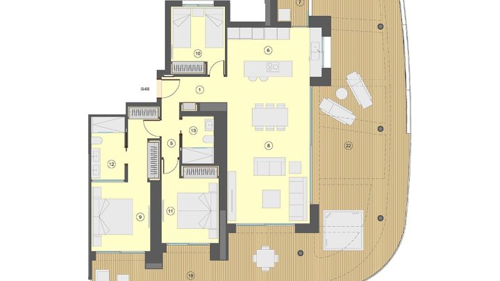 Wohnungen mit 3 Schlafzimmern, 2 Bädern, Klimaanlage, Fußbodenheizung in Bädern, Kfz-Stellplatz und Meerblick nur 100 m vom Strand