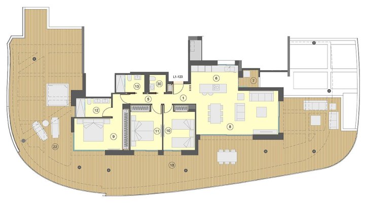 Wohnungen mit 3 Schlafzimmern, 2 Bädern, Klimaanlage, Fußbodenheizung in Bädern, Kfz-Stellplatz und Meerblick nur 100 m vom Strand