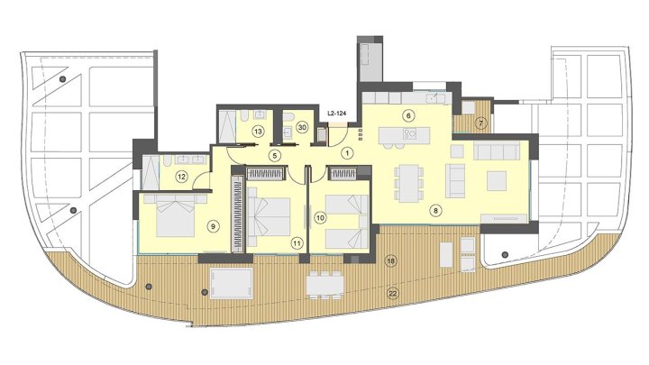 Wohnungen mit 3 Schlafzimmern, 2 Bädern, Klimaanlage, Fußbodenheizung in Bädern, Kfz-Stellplatz und Meerblick nur 100 m vom Strand