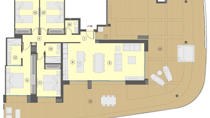 Wohnungen mit 4 Schlafzimmern, 3 Bädern, Klimaanlage, Fußbodenheizung in der ganzen Wohnung, Kfz-Stellplatz und Meerblick nur 100 m vom Strand