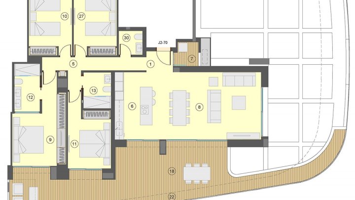 Wohnungen mit 4 Schlafzimmern, 3 Bädern, Klimaanlage, Fußbodenheizung in der ganzen Wohnung, Kfz-Stellplatz und Meerblick nur 100 m vom Strand