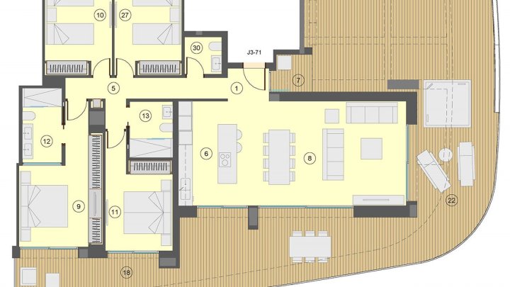 Wohnungen mit 4 Schlafzimmern, 3 Bädern, Klimaanlage, Fußbodenheizung in der ganzen Wohnung, Kfz-Stellplatz und Meerblick nur 100 m vom Strand