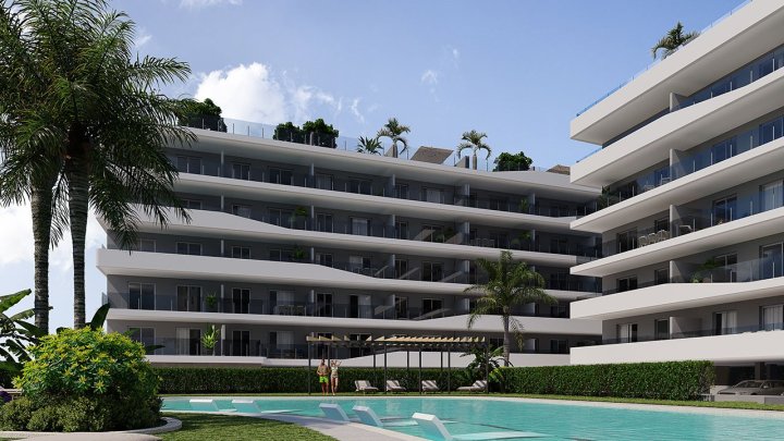 Appartements mit 3 Schlafzimmern, 2 Bädern, Vorinstallation Klimaanlage, Kfz-Stellplatz, Meerblick und Gemeinschaftspool nur 100 m vom Strand