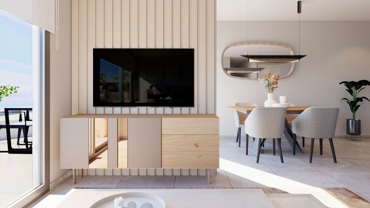 Appartements mit 3 Schlafzimmern, 2 Bädern, Klimaanlage, Fußbodenheizung in Bädern, Tiefgaragen-Stellplatz und Meerblick nur 300 m vom Strand