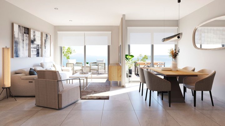 Appartements mit 3 Schlafzimmern, 2 Bädern, Klimaanlage, Fußbodenheizung in Bädern, Tiefgaragen-Stellplatz und Meerblick nur 300 m vom Strand