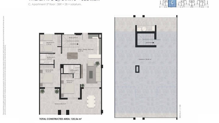 Penthouse-Wohnungen mit 3 Schlafzimmern, 2 Bädern, Vorinstallation Klimaanlage, Kfz-Stellplatz und Gemeinschaftspool nur 700 m vom Strand