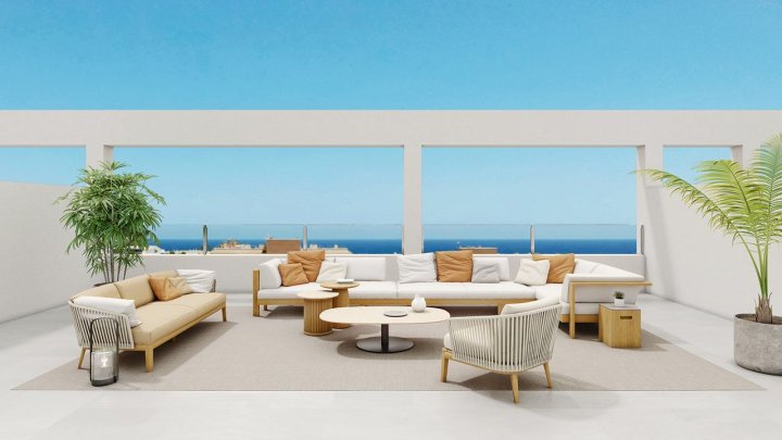 Penthouse-Wohnungen mit 3 Schlafzimmern, 2 Bädern, Vorinstallation Klimaanlage, Kfz-Stellplatz und Gemeinschaftspool nur 700 m vom Strand