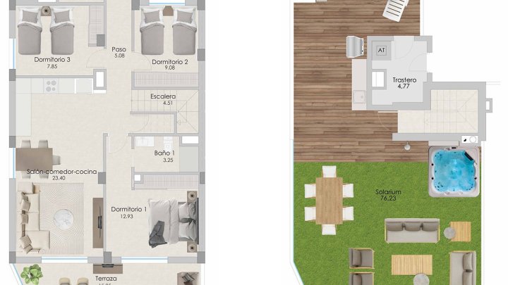 Penthouse-Wohnungen mit 3 Schlafzimmern, 2 Bädern, Vorinstallation Klimaanlage, Kfz-Stellplatz, Meerblick und Gemeinschaftspool nur 100 m vom Strand