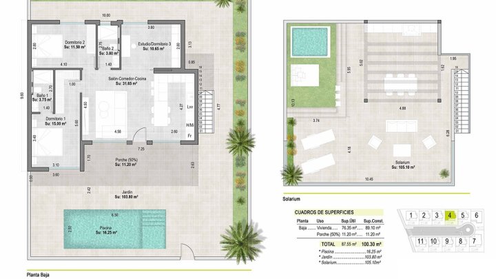 Villen mit 3 Schlafzimmern, 2 Bädern, Dachterrasse, Vorinstallation Klimaanlage, Fußbodenheizung in Bädern und Privatpool in einer Golfanlage
