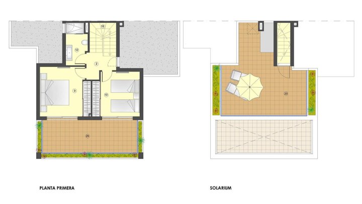 Doppelhaushälften mit 3 Schlafzimmern, 2 Bädern, Keller, Dachterrasse mit Meerblick und optionalem Privatpool nur 400 m vom Strand