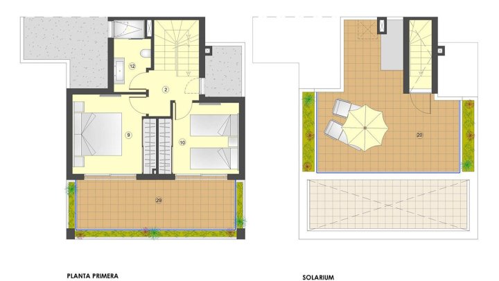 Doppelhaushälften mit 2 Schlafzimmern, 2 Bädern, Keller, Dachterrasse mit Meerblick und optionalem Privatpool nur 400 m vom Strand