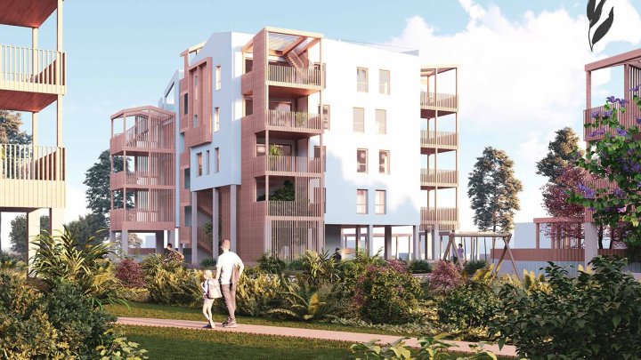 Nachhaltige Appartements mit 3 Schlafzimmern, 2 Bädern, Klimaanlage, Kfz-Stellplatz, Gemeinschaftspool und Beachclub nur 400 m vom Strand