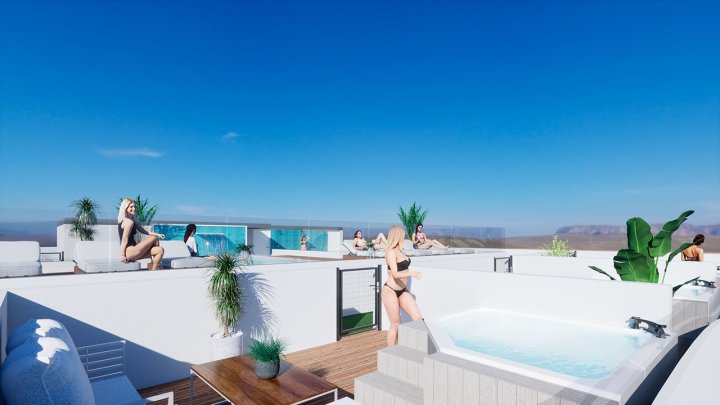 Penthouse-Wohnungen mit 3 Schlafzimmern, 2 - 3 Bädern, Dachterrasse und Gemeinschaftspool nur ca. 250 m vom Strand von Los Locos