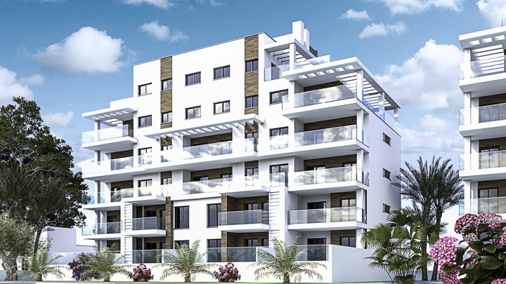 Appartements mit 2 Schlafzimmern und 2 Bädern in abgeschlossener Anlage mit Gemeinschaftspool nur 400 m vom Strand