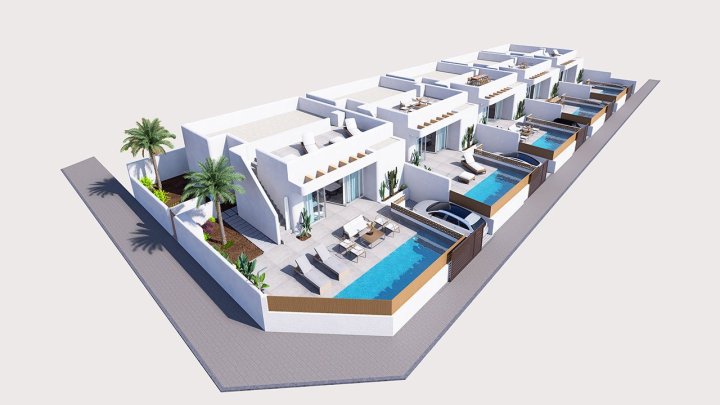 Wunderschöne eingeschossige Villen mit 3 Schlafzimmern, 2 Bädern, Dachterrasse, Privatpool und Kfz-Stellplatz