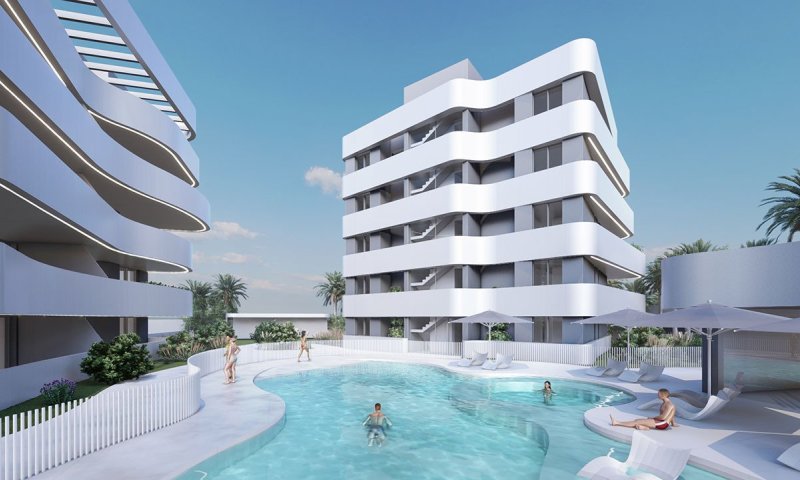 Appartements mit 2 Schlafzimmern, 2 Bädern, Klimaanlage und Einbauküchen mit Elektrogeräten in abgeschlossener Anlage mit Gemeinschaftspool und SPA