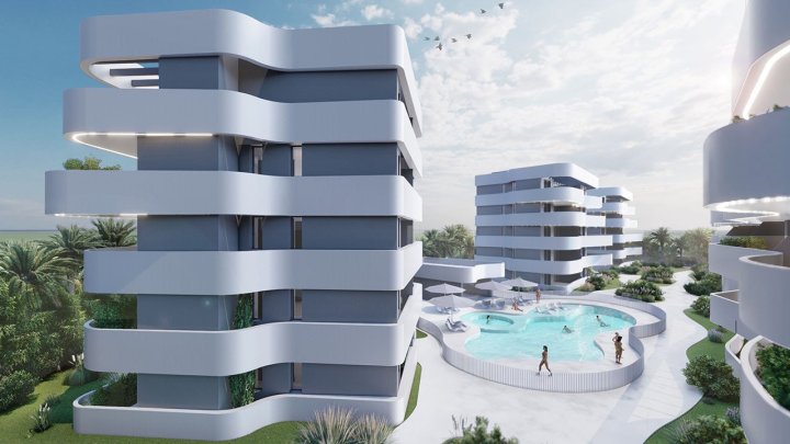 Appartements mit 2 Schlafzimmern, 2 Bädern, Klimaanlage und Einbauküchen mit Elektrogeräten in abgeschlossener Anlage mit Gemeinschaftspool und SPA