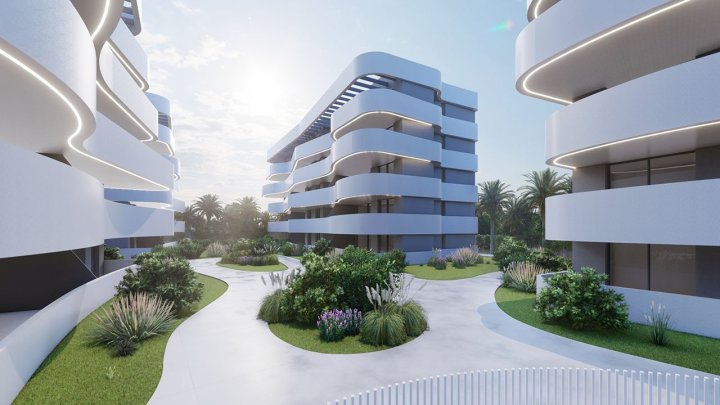 Appartements mit 2 Schlafzimmern, 2 Bädern, Klimaanlage und Einbauküchen mit Elektrogeräten in abgeschlossener Anlage mit Gemeinschaftspool und SPA