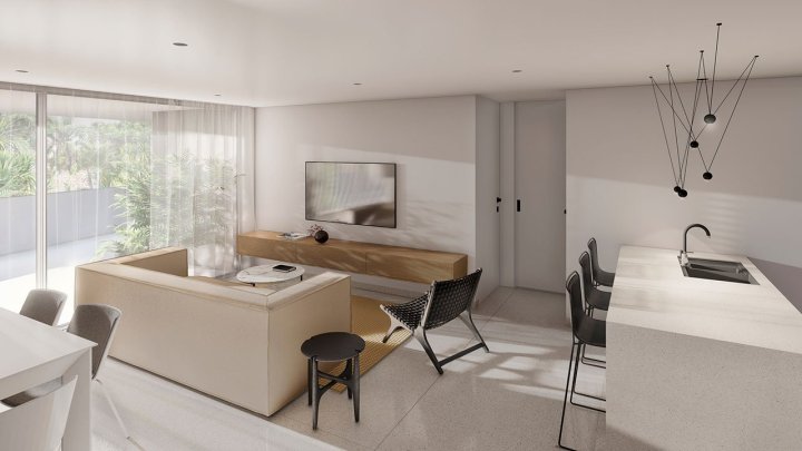 Appartements mit 2 Schlafzimmern, 2 Bädern, Klimaanlage und Einbauküchen mit Elektrogeräten in abgeschlossener Anlage mit Gemeinschaftspool und SPA