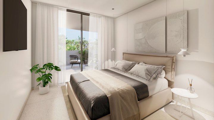 Appartements mit 2 Schlafzimmern, 2 Bädern, Klimaanlage und Einbauküchen mit Elektrogeräten in abgeschlossener Anlage mit Gemeinschaftspool und SPA