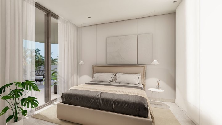 Appartements mit 2 Schlafzimmern, 2 Bädern, Klimaanlage und Einbauküchen mit Elektrogeräten in abgeschlossener Anlage mit Gemeinschaftspool und SPA