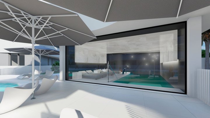 Appartements mit 2 Schlafzimmern, 2 Bädern, Klimaanlage und Einbauküchen mit Elektrogeräten in abgeschlossener Anlage mit Gemeinschaftspool und SPA