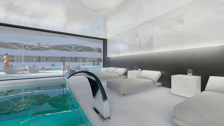 Appartements mit 2 Schlafzimmern, 2 Bädern, Klimaanlage und Einbauküchen mit Elektrogeräten in abgeschlossener Anlage mit Gemeinschaftspool und SPA