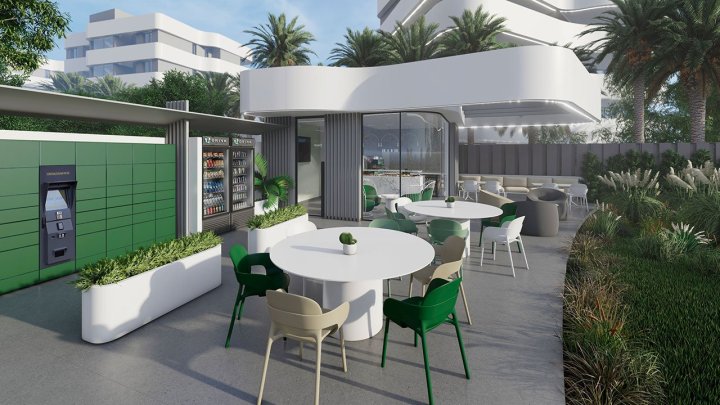 Appartements mit 2 Schlafzimmern, 2 Bädern, Klimaanlage und Einbauküchen mit Elektrogeräten in abgeschlossener Anlage mit Gemeinschaftspool und SPA