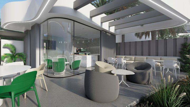 Appartements mit 2 Schlafzimmern, 2 Bädern, Klimaanlage und Einbauküchen mit Elektrogeräten in abgeschlossener Anlage mit Gemeinschaftspool und SPA