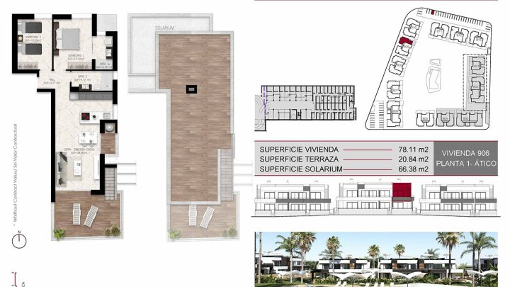 Obergeschoss-Wohnungen mit 2 Schlafzimmern, 2 Bädern, Dachterrasse, Einbauküchen mit Elektrogeräten, Klimaanlage, Kfz-Stellplatz und Gemeinschaftspool