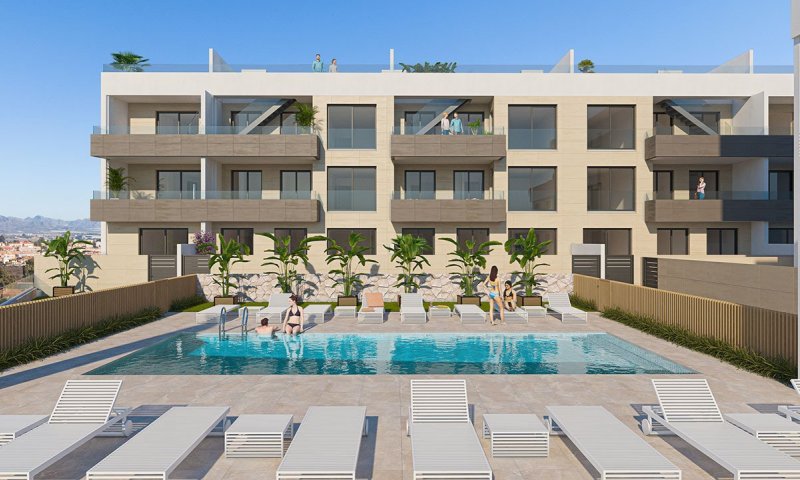 Penthouse-Wohnungen mit 2 Schlafzimmern, 2 Bädern, Dachterrasse mit Meerblick, Tiefgaragenstellplatz und Gemeinschaftspool nur ca. 700 m vom Strand