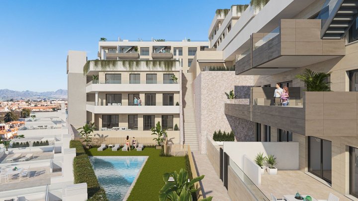 Penthouse-Wohnungen mit 2 Schlafzimmern, 2 Bädern, Dachterrasse mit Meerblick, Tiefgaragenstellplatz und Gemeinschaftspool nur ca. 700 m vom Strand