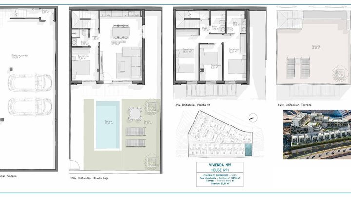 Villen mit 4 Schlafzimmern, 3 Bädern, Dachterrasse mit Meerblick, Tiefgaragenstellplatz und Gemeinschaftspool nur ca. 700 m vom Strand