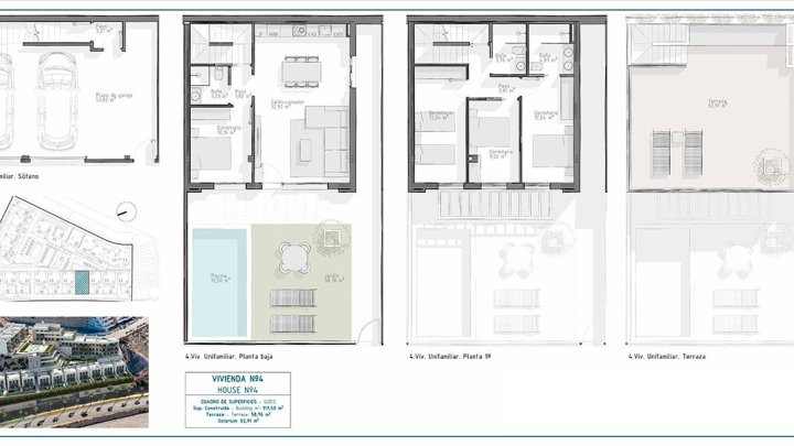 Villen mit 4 Schlafzimmern, 3 Bädern, Dachterrasse mit Meerblick, Tiefgaragenstellplatz und Gemeinschaftspool nur ca. 700 m vom Strand