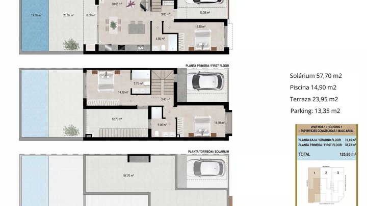 Reihenhäuser mit 3 Schlafzimmern, 3 Bädern, Dachterrasse und Privatpool