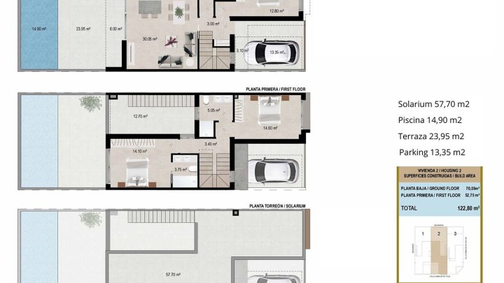 Reihenhäuser mit 3 Schlafzimmern, 3 Bädern, Dachterrasse und Privatpool